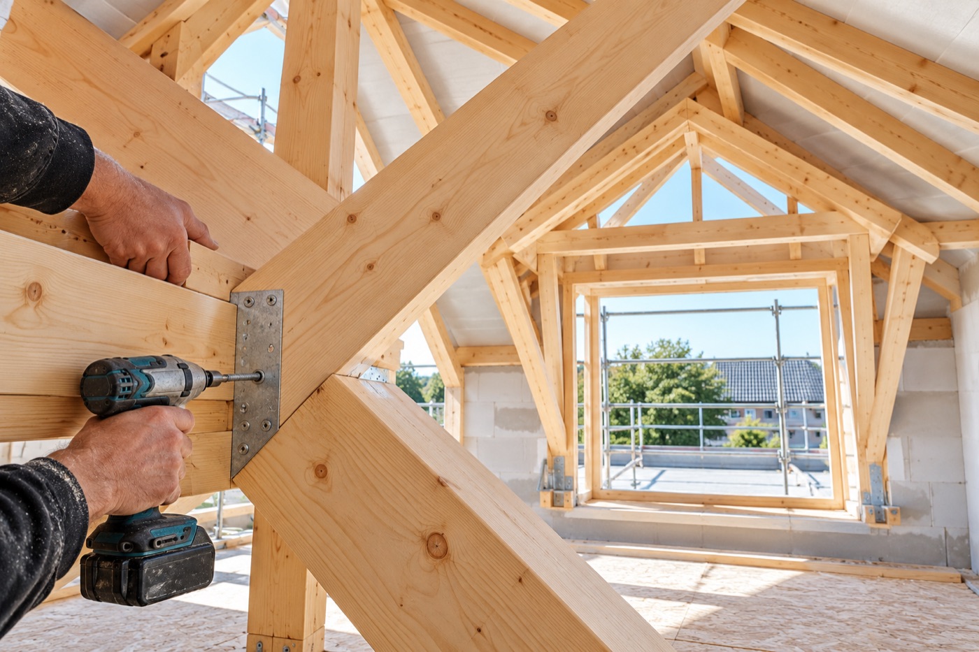 Zimmererarbeit an einer Holztragkonstruktion