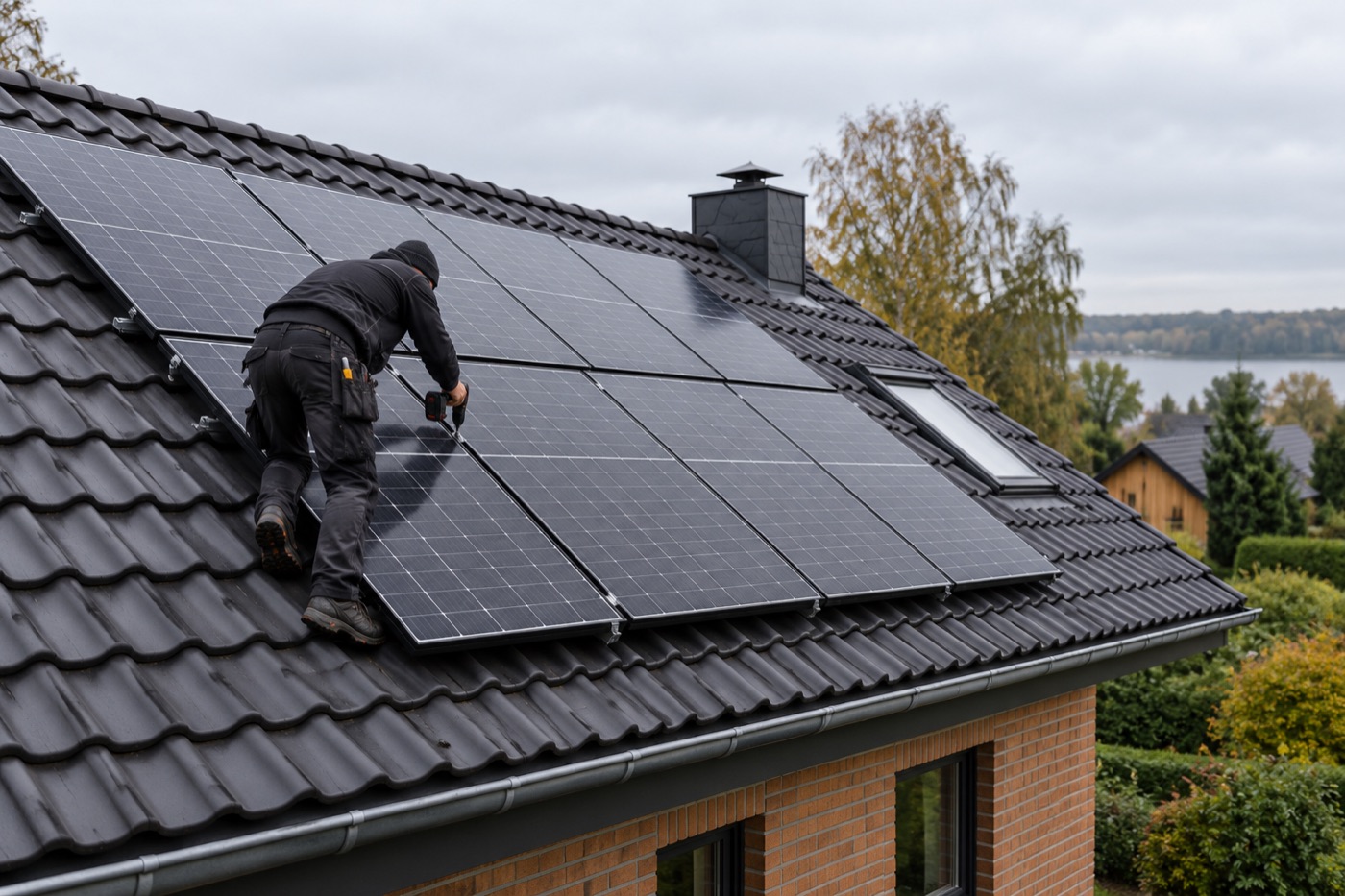 Montage von Photovoltaikmodulen auf fertigem Dach